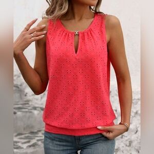 New Breezy Eyelet Lace Knit Tank Top Blouse Cut Out Coral